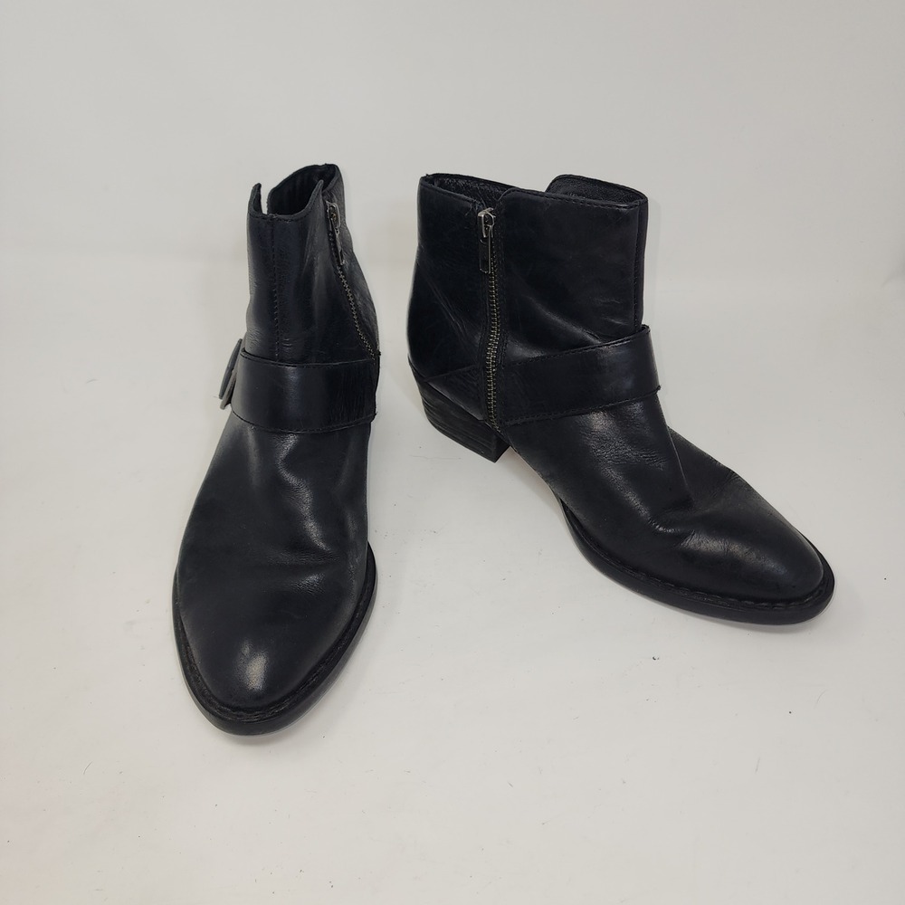 Born Leather Ankle Boots 8.5M Black Harness Buckle Moto Zip F29608
